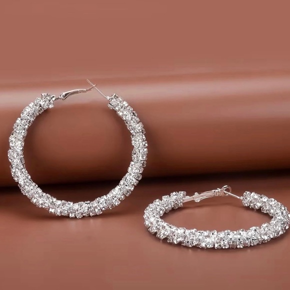 Large Full Rhinestone Hoop Earrings Silver Plated Delicate Jewelry Party Holiday - Picture 5 of 6